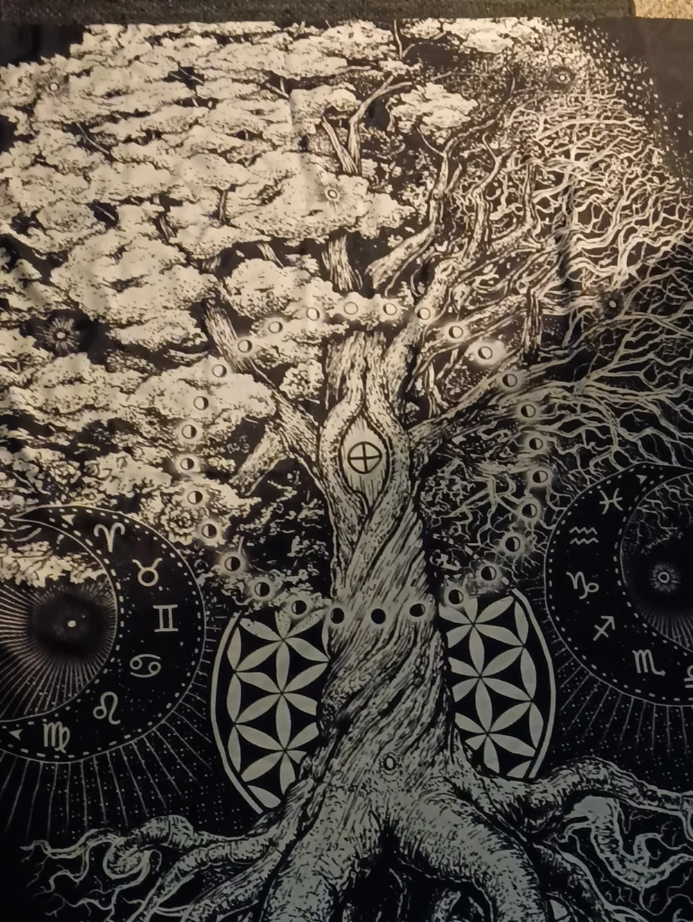 Black & White Tree of Life Shower Curtain with Zodiac Motifs